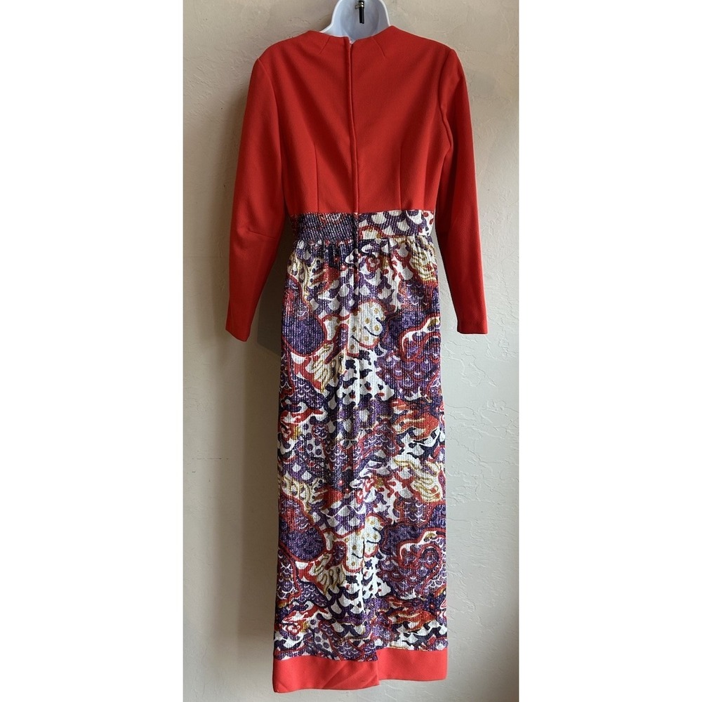 Vintage 1970s Metallic Paisley Maxi Dress M Red Empire Psychedelic Evening Gown - Picture 7 of 11